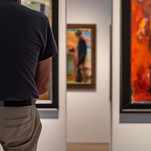 אדם מתבונן בציורי שמן שונים בגלריה לאמנות