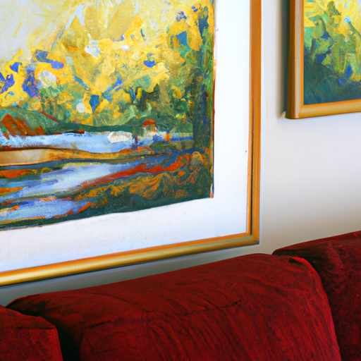 תמונה המציגה ציור שמן תוסס בסלון עם ערכת צבעים תואמת.