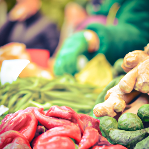 תמונה תוססת של שוק מקומי, שופע ירקות טריים, פירות, תבלינים ותוצרת מקומית אחרת.