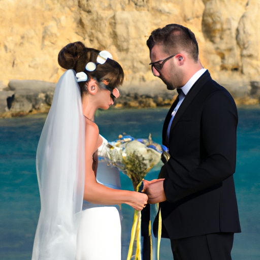 זוג מחליף נדרי חתונה על רקע חוף קפריסאי ציורי